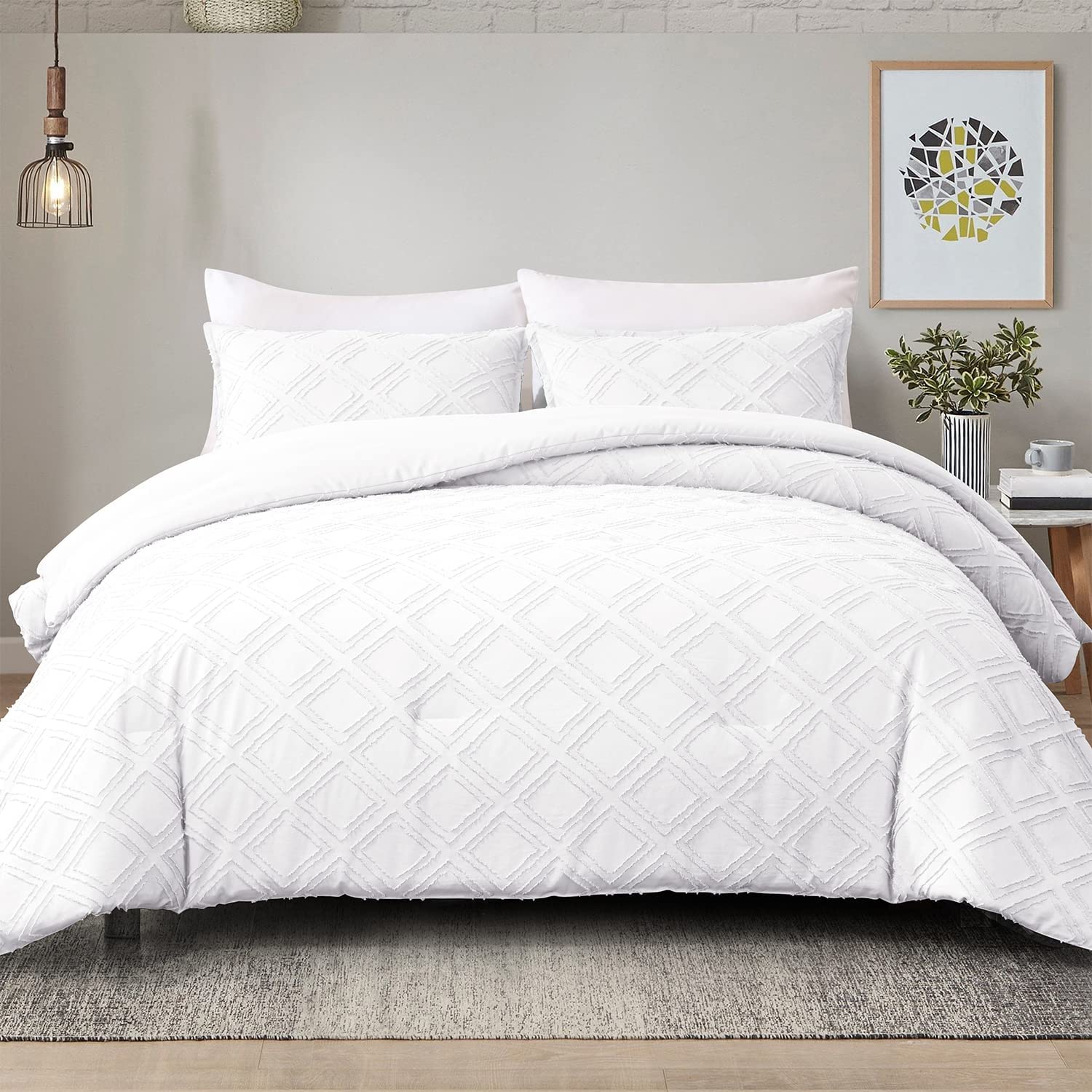 Wellco 3 Piece Comforter Bedding Set- All Season Bedding Comforter Set, Checkered Tufted Ultra Soft Polyester Bedding Comforters