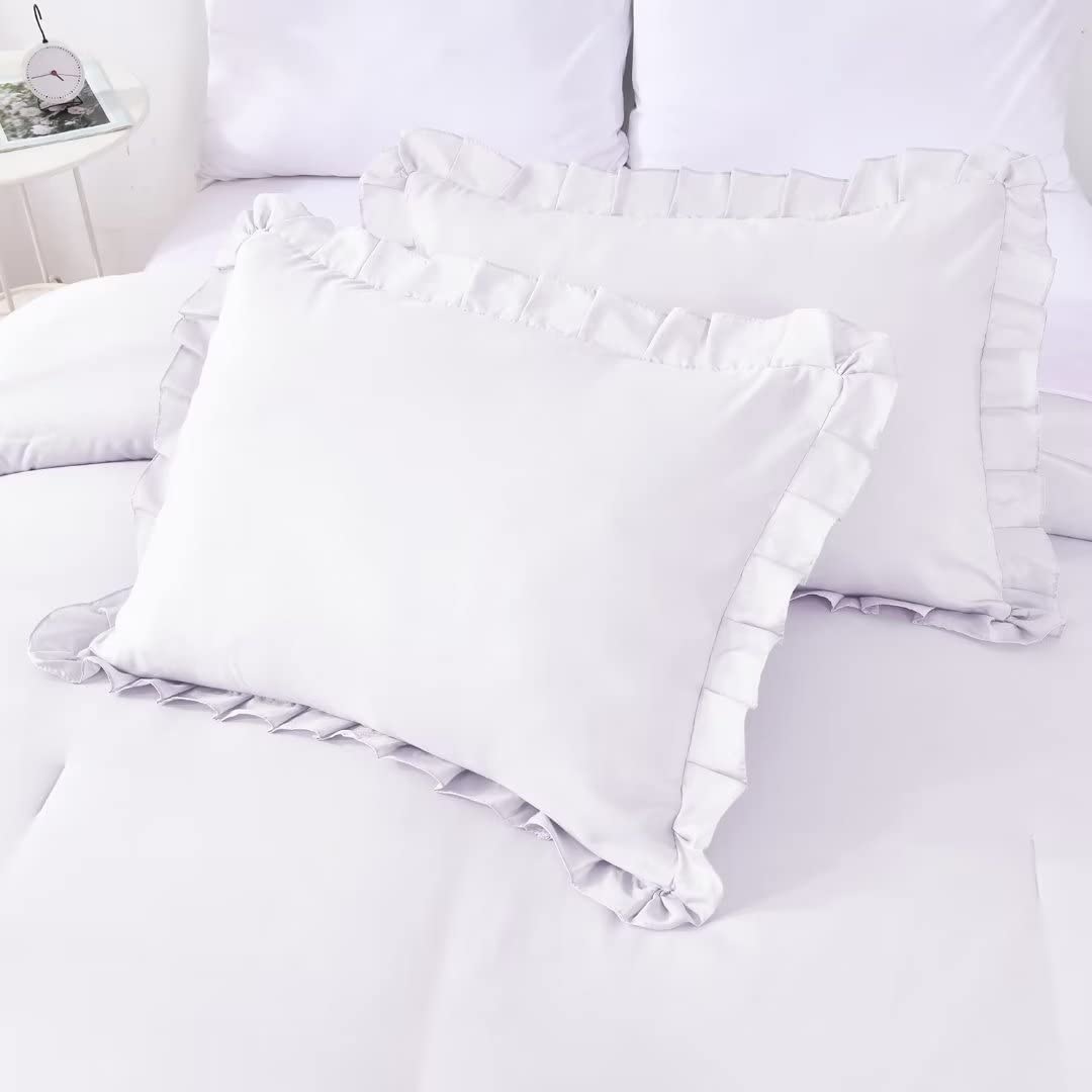 Shatex White Comforter- 2 Piece Ruffled Twin White Comforter Bedding Set, Ultra Soft Polyester Bedding Comforters- White with Ruffles