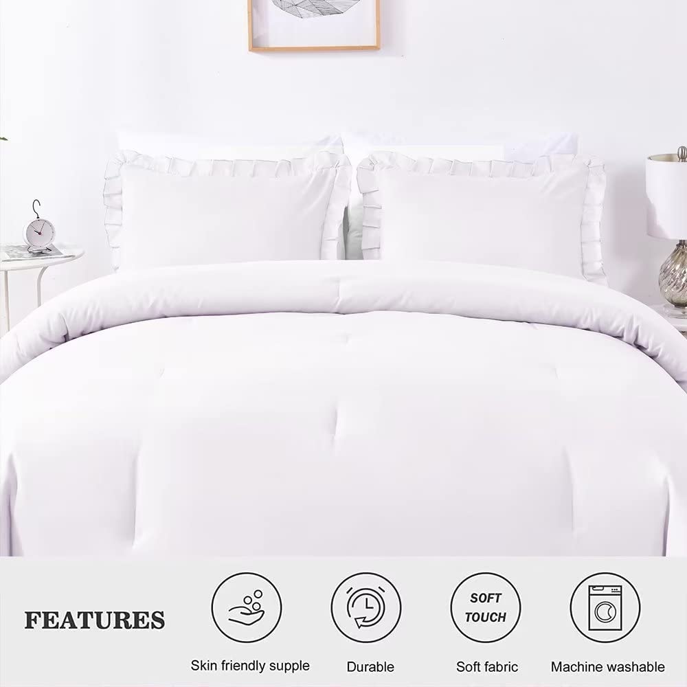 Shatex White Comforter- 2 Piece Ruffled Twin White Comforter Bedding Set, Ultra Soft Polyester Bedding Comforters- White with Ruffles