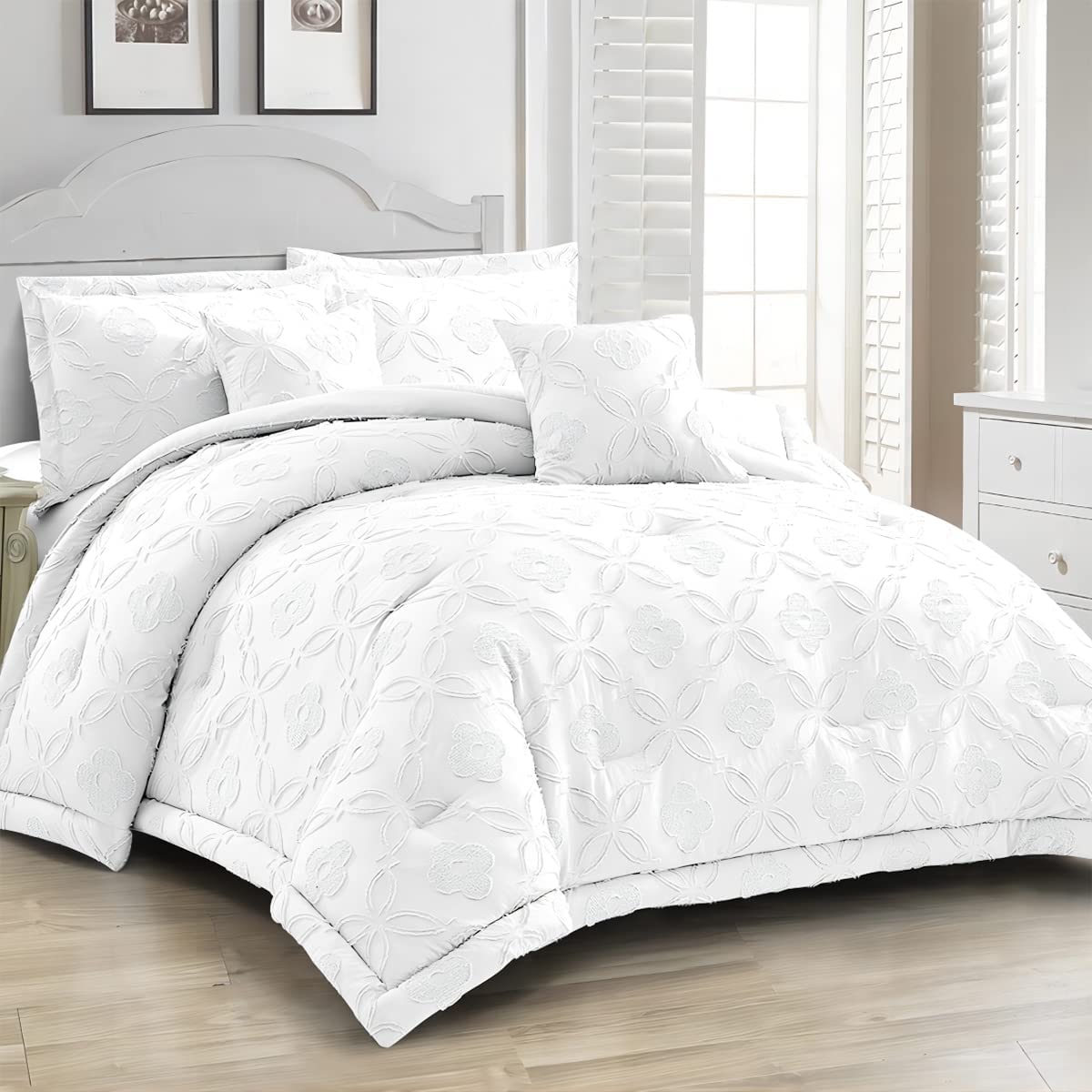 Wellco 7 Piece Bed-in-A-Bag Comforter Bedding Set- All Season Bedding Comforter Set, Ultra Soft Polyester Clover Tufted Bedding Comforters-White