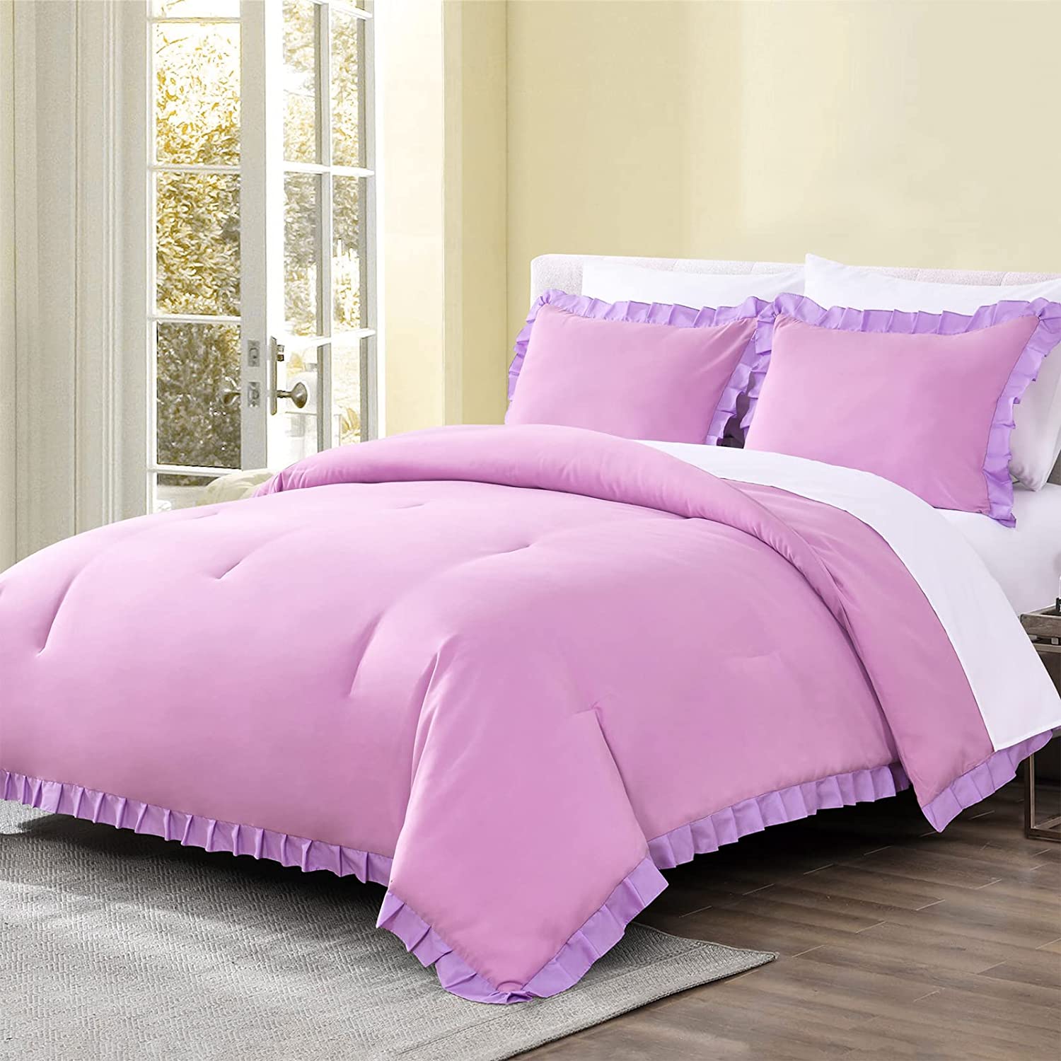 Shatex White Comforter- 2 Piece Ruffled Twin White Comforter Bedding Set, Ultra Soft Polyester Bedding Comforters- White with Ruffles