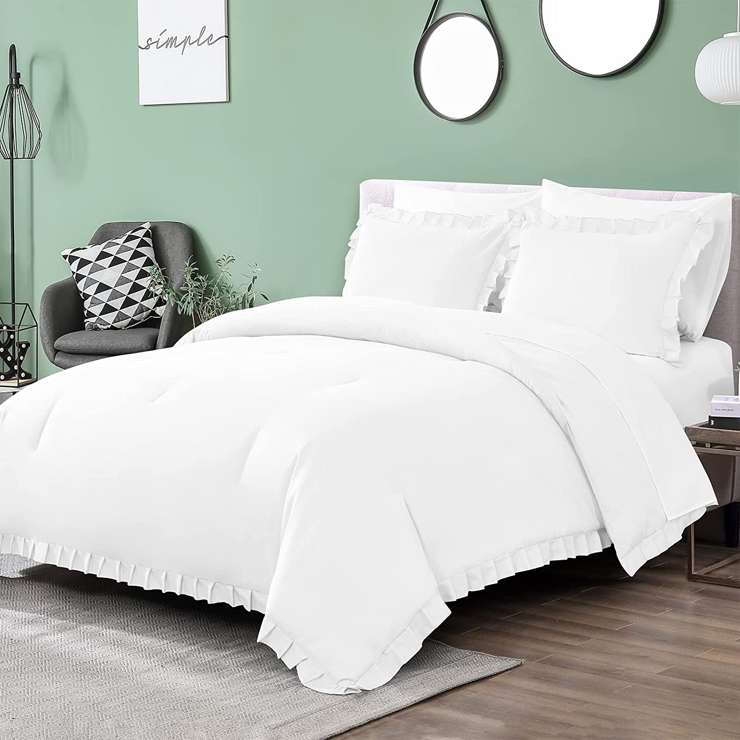 Shatex White Comforter- 2 Piece Ruffled Twin White Comforter Bedding Set, Ultra Soft Polyester Bedding Comforters- White with Ruffles