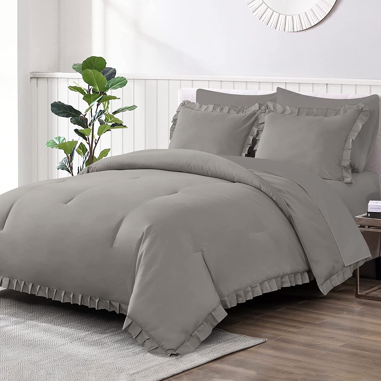 Shatex White Comforter- 2 Piece Ruffled Twin White Comforter Bedding Set, Ultra Soft Polyester Bedding Comforters- White with Ruffles