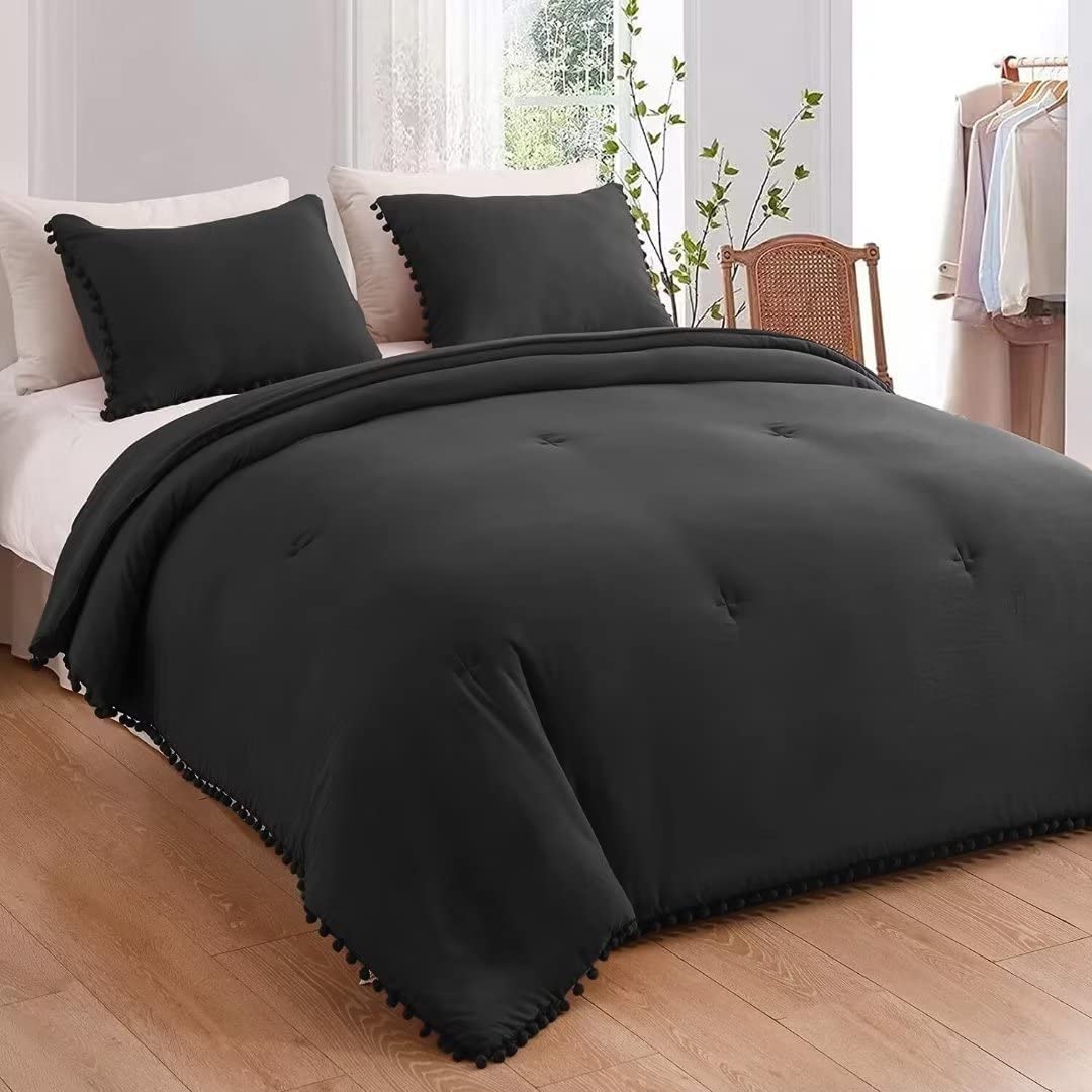 Shatex 3 Piece Comforter Bedding Set-Pompom Fringe Bedding Comforter Set, Ultra Soft Polyester Bedding Comforters