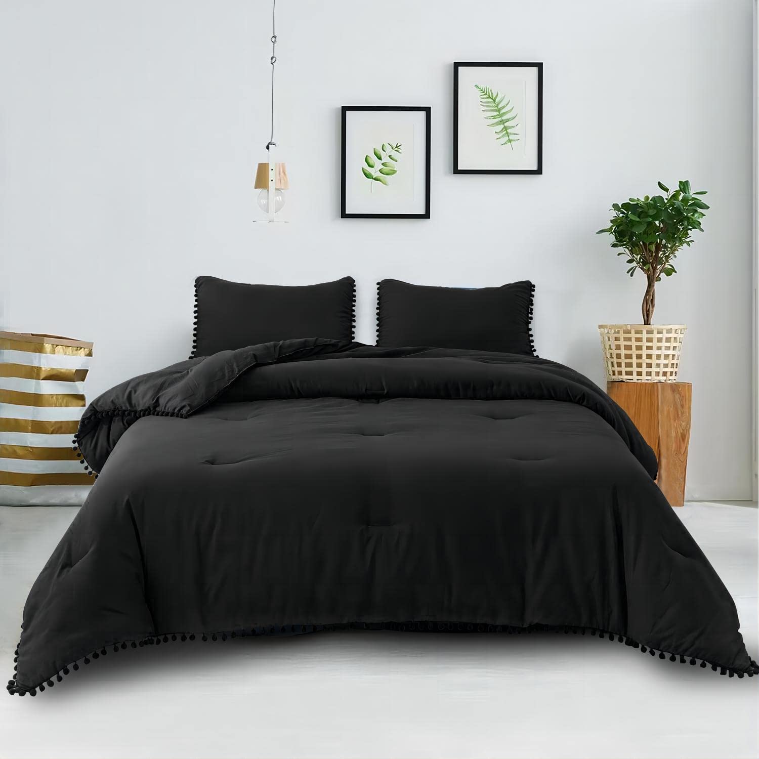 Shatex 7 Piece Bed-in-A-Bag Comforter Bedding Set-Pompom Fringe Bedding Comforter Set, Ultra Soft Polyester Furball Bedding Comforters