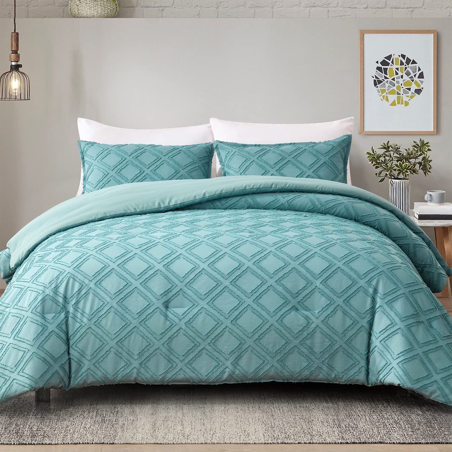 Wellco 3 Piece Comforter Bedding Set- All Season Bedding Comforter Set, Checkered Tufted Ultra Soft Polyester Bedding Comforters