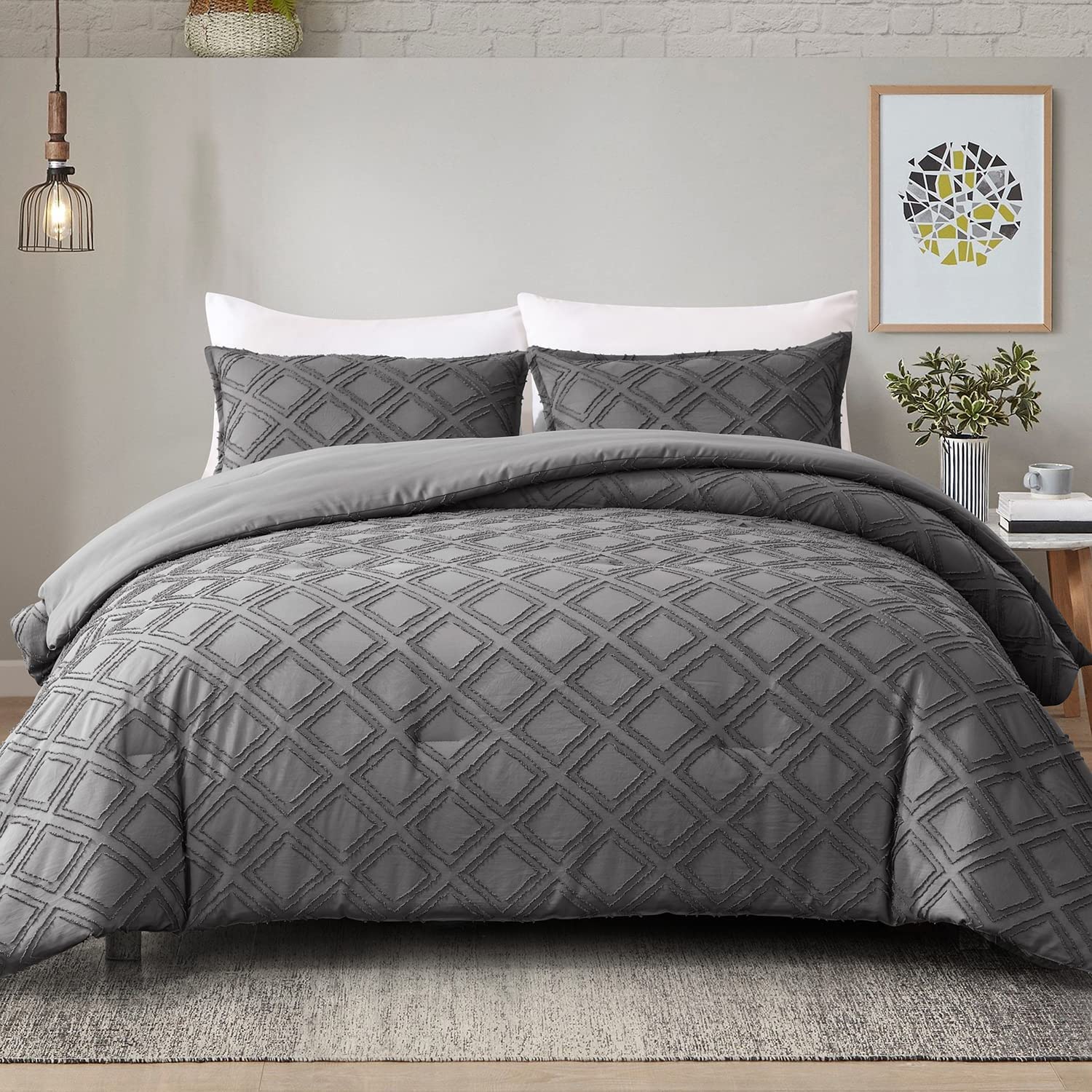 Wellco 3 Piece Comforter Bedding Set- All Season Bedding Comforter Set, Checkered Tufted Ultra Soft Polyester Bedding Comforters